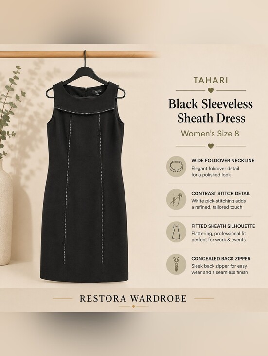 Tahari Dresses & Skirts - Tahari Black Sleeveless Sheath Dress Contrast Stitch Career Size 8